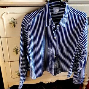 Gap cropped striped dress shirt blue and white L